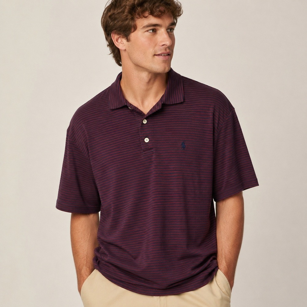 Polo Ralph Lauren Mens XXL Classic Fit Striped Polo Shirt Burgundy Navy Blue
